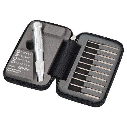 Hama Universal 10-in-1 Screwdriver Set, 10 Interchangeable Bits, Silver Case-0